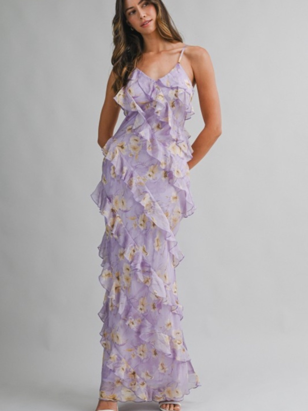 Floral Print Asymmetrical Tiered Ruffled Maxi Dress